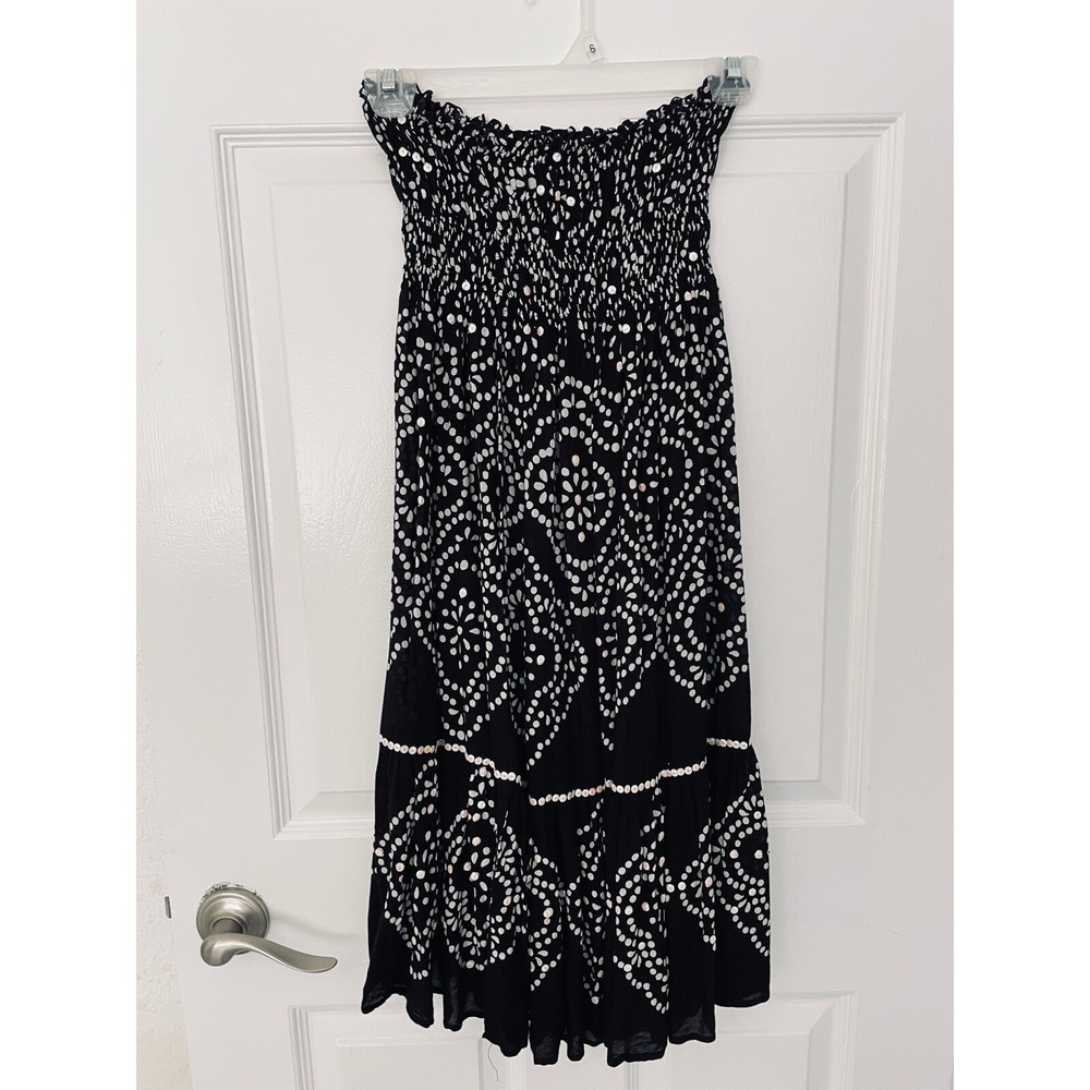 Cool Change Boho Summer Strapless Beach Black White Sequin Dress, S/M